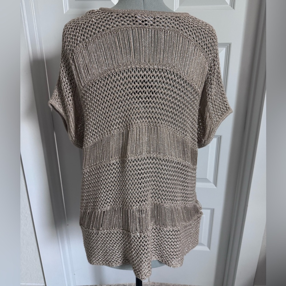 bebe Metallic Taupe Open-Knit V-Neck Top - Picture 3 of 4